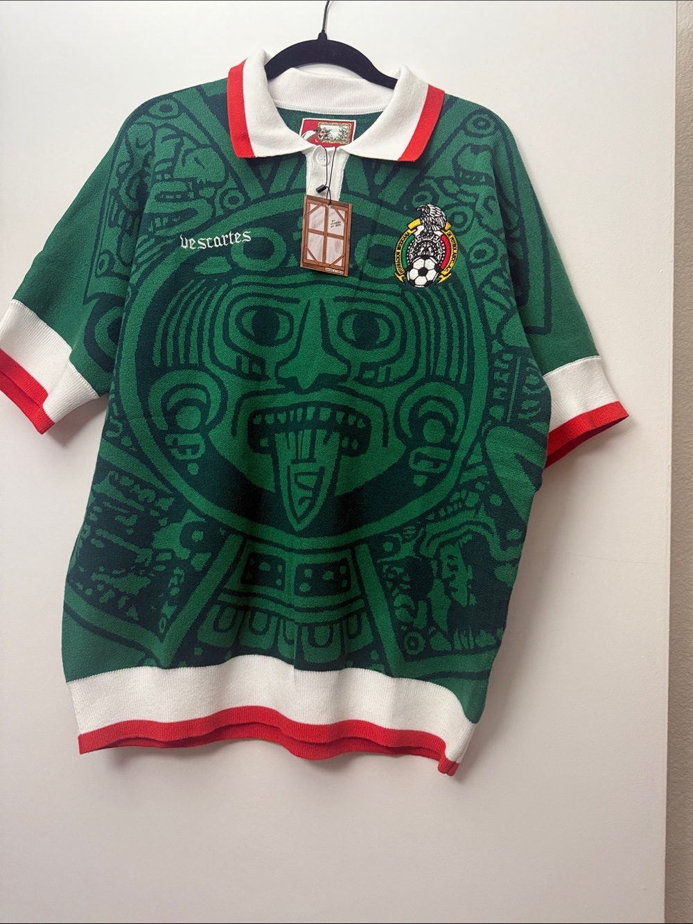 Green Aztec Print Polo Shirt with Red & White Trim